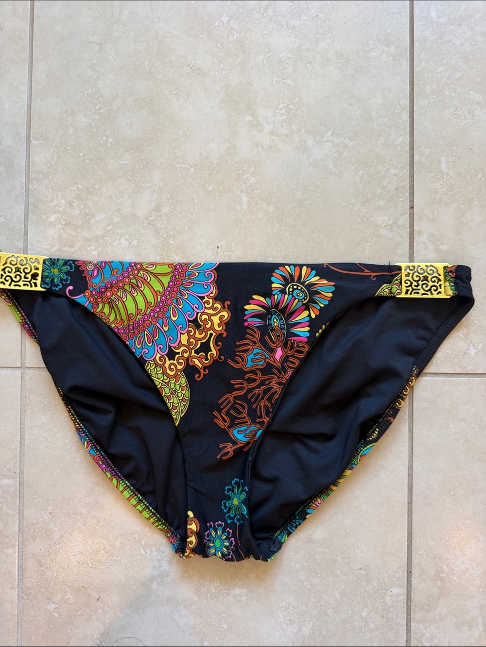 Trina Turk Black Paisley Print Gold Buckles Bikini Bottom Size 12